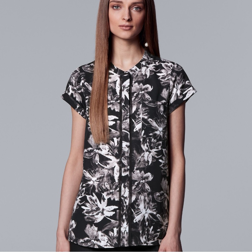 Simply Vera Vera Wang Black & White Floral Print Essential Popover Blouse Medium